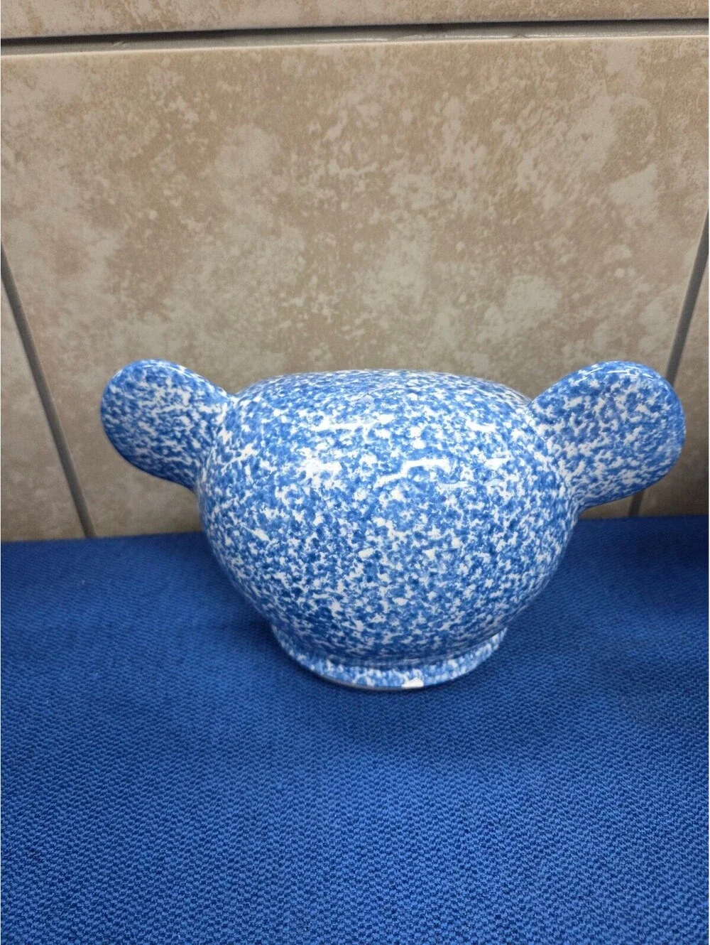 Vintage 1970s N.S. Gustin Blue Spongeware Teddy Bear Cookie Jar Hand Decorated